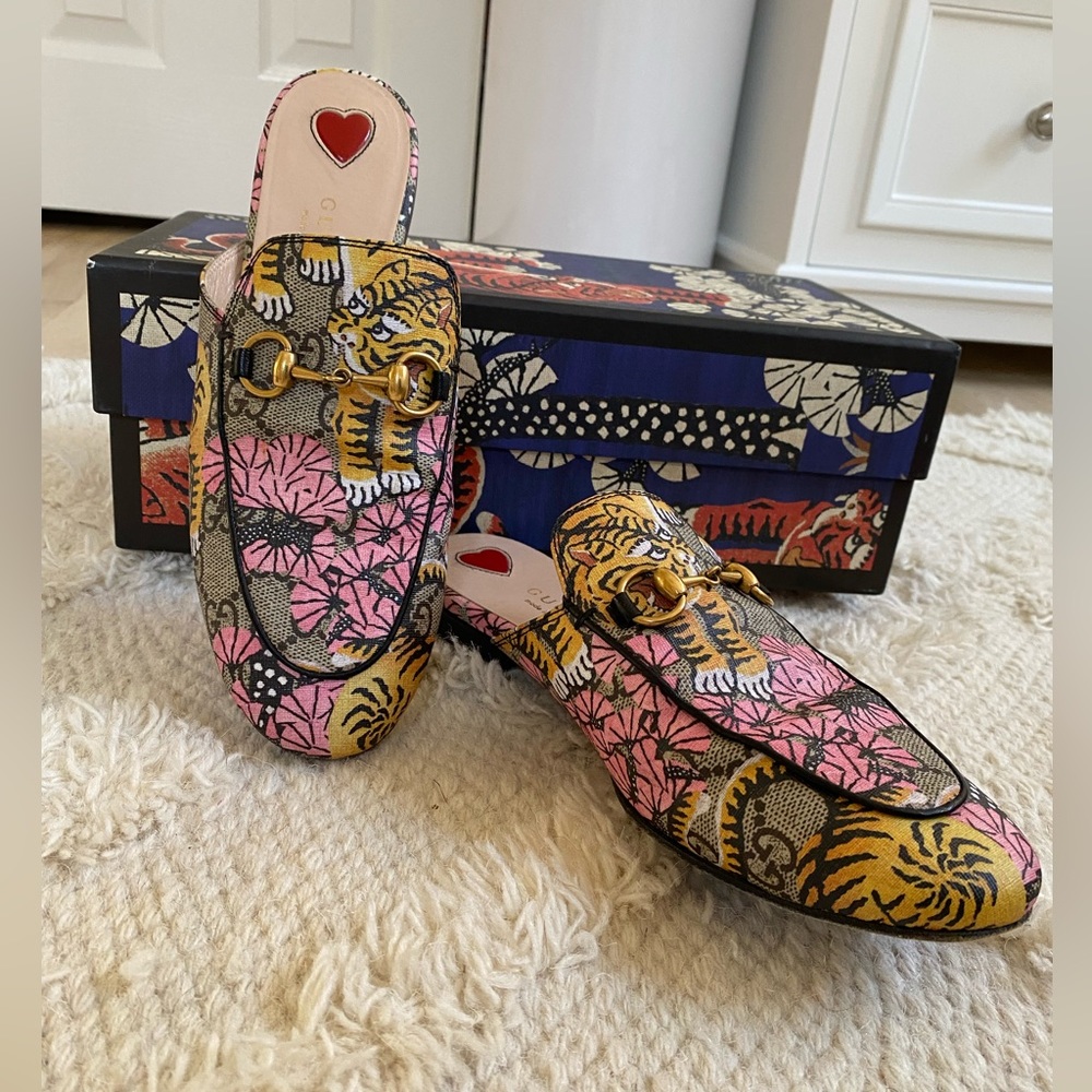 GUCCI GG SUPREME TIGER PRINT BENGAL PRINCETOWN SLIPPER /SLIDE size 36